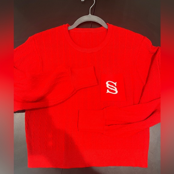 Sandro Paris Dorian Cropped Red Sweater Embroidered Monogram S Pocket Cable Knit - Picture 2 of 16